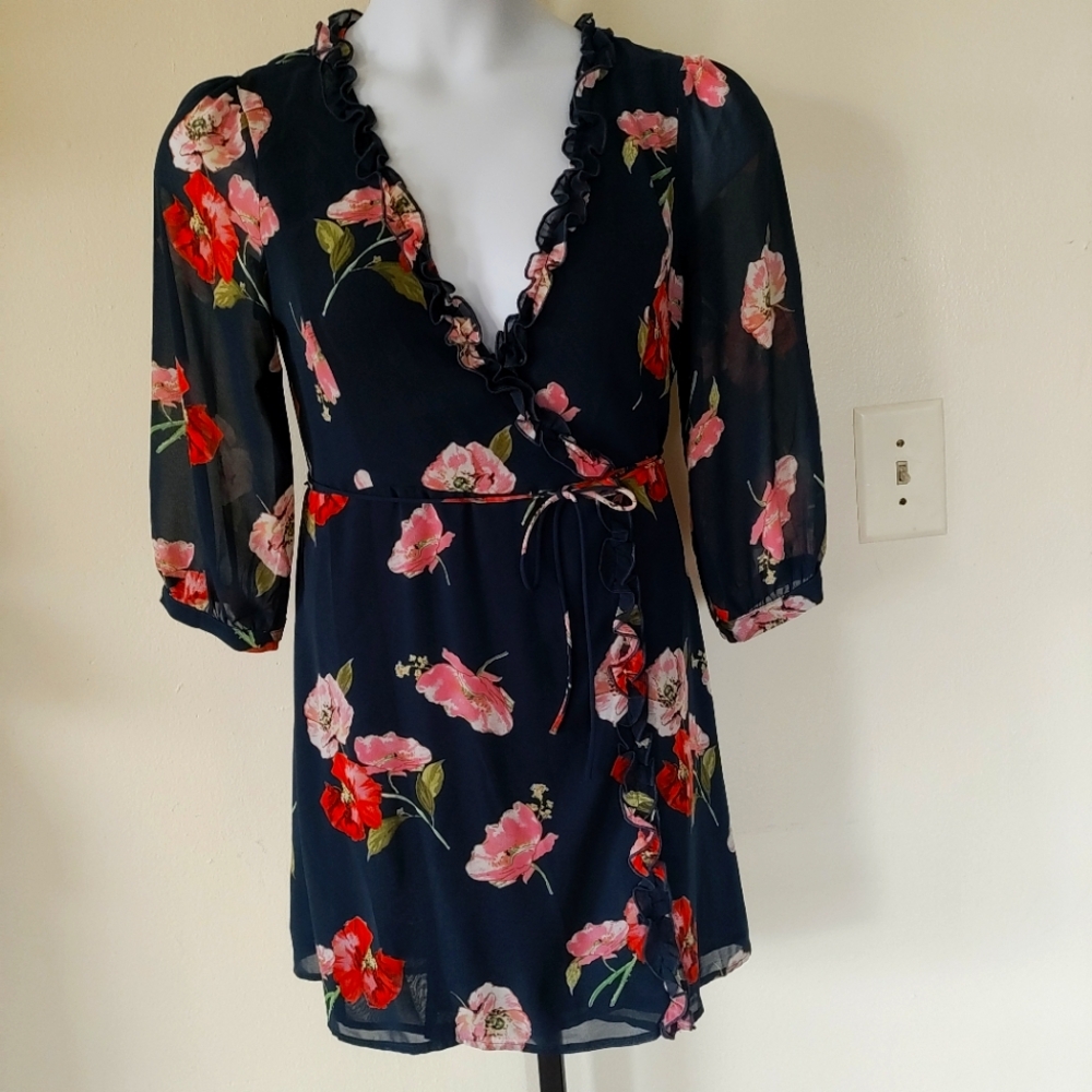 Lulus Sz Medium It's A Pleasure Navy Blue Floral Print Ruffled Wrap Dress Career